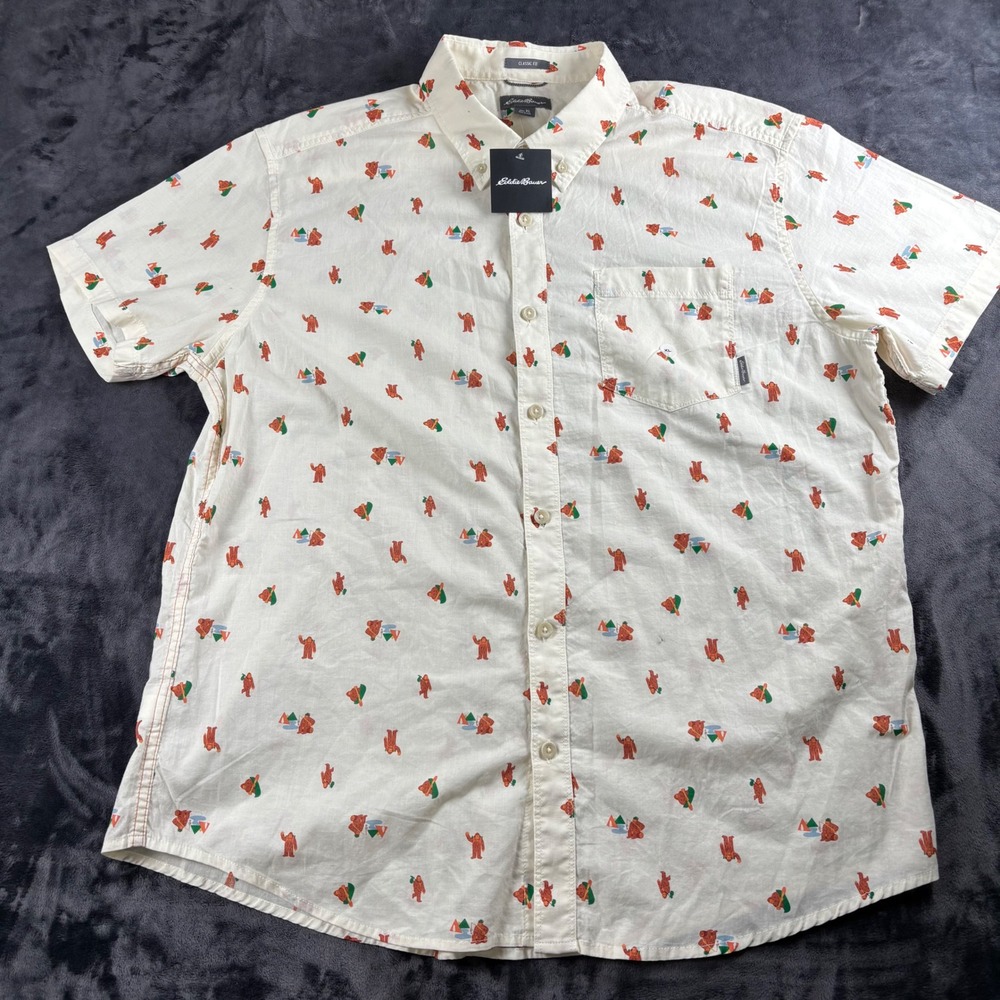 NWT Eddie Bauer Button Down Shirt Mens XL White Bigfoot Sasquatch Camping Print